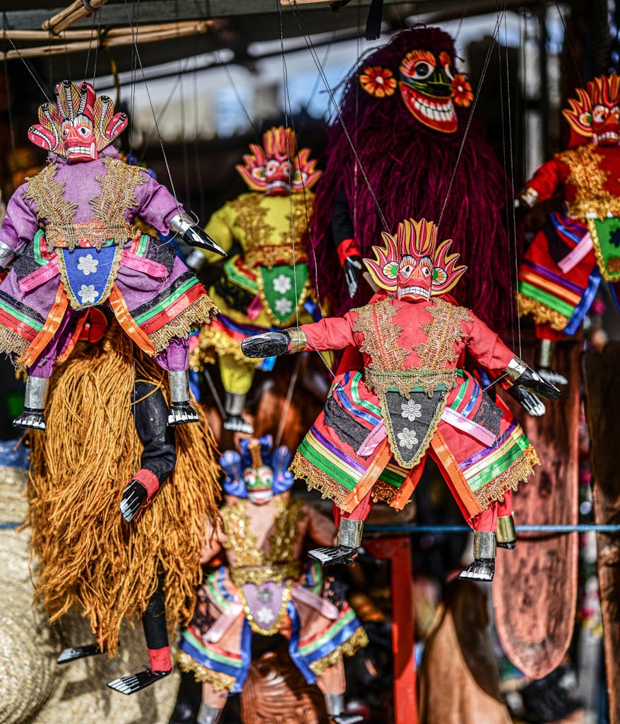 Colorful wooden puppets showcasing traditional Sri Lankan craftsmanship and culture.